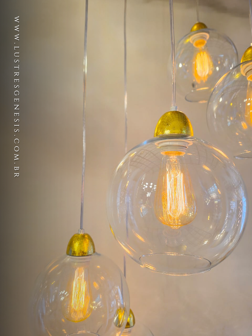Luminaria de Teto Pendente Sarvah Vidro Transparente Folhado a Ouro Dourado, Sala de Estar, Quarto, Mesa Area Gourmet